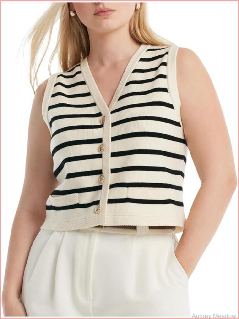 Sleeveless V-Neck Cropped Knit Vest with Gold Buttons